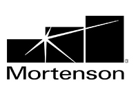 The Mortenson logo, featuring three black rectangular blocks of increasing height with white radiating lines above the company name.