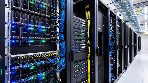 A modern data center interior with rows of server racks filled with glowing blue and green lights. Numerous cables are neatly organized.