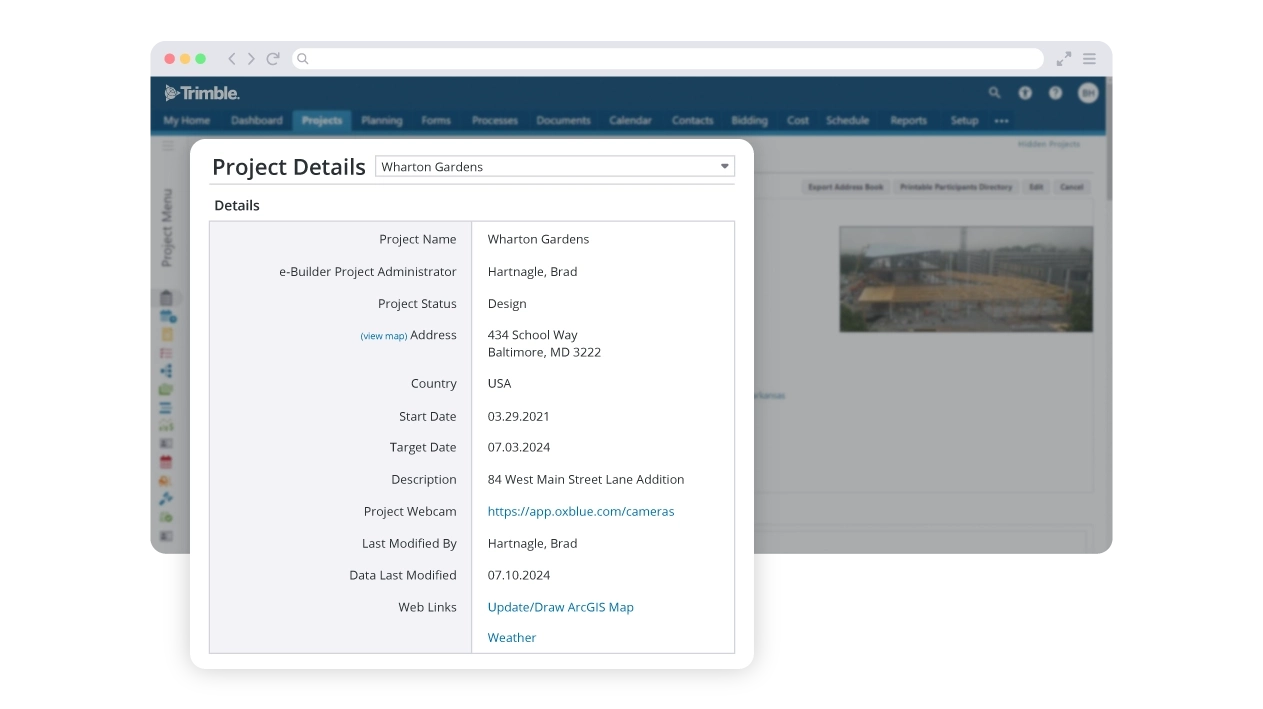 Trimble Unity Construct screenshot showing project details