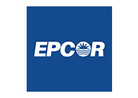 The EPCOR logo featuring white text and a sun/water icon on a blue background; the utility company is a Trimble customer using B2W Estimate.