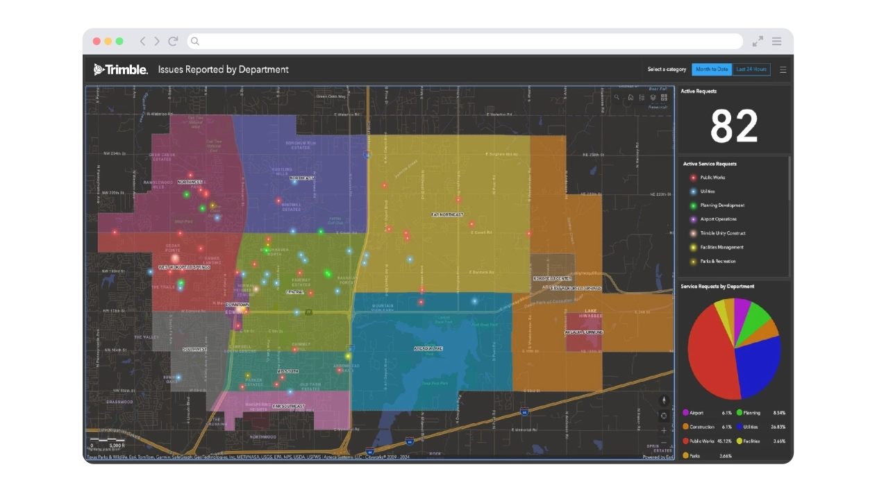 Trimble Unity Maintain screenshot showing map of issues reported by department