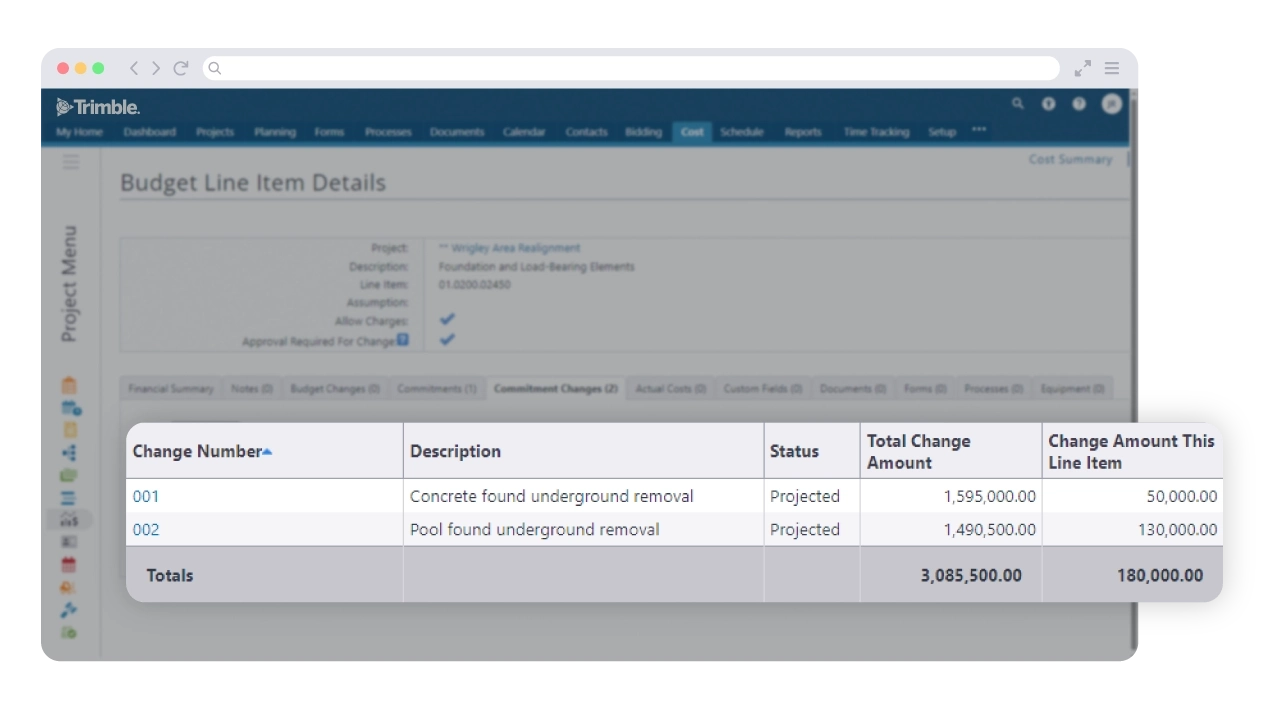 Trimble Unity Construct screenshot showing budget line item details