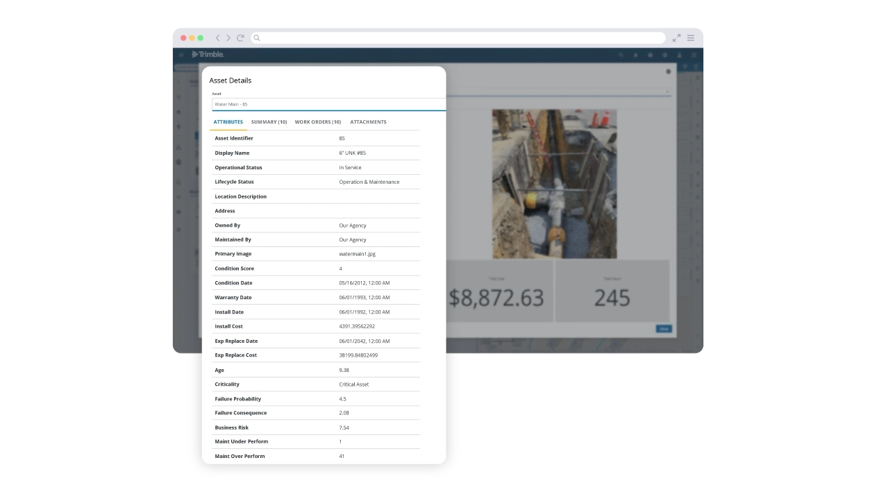 Trimble Unity Maintain screenshot showing asset details