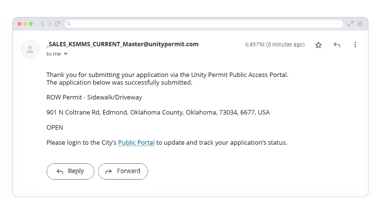 Trimble Unity Permit screenshot of automatic email showing submission success