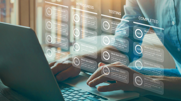 A person types on a laptop, with a transparent digital project management interface displaying tasks.