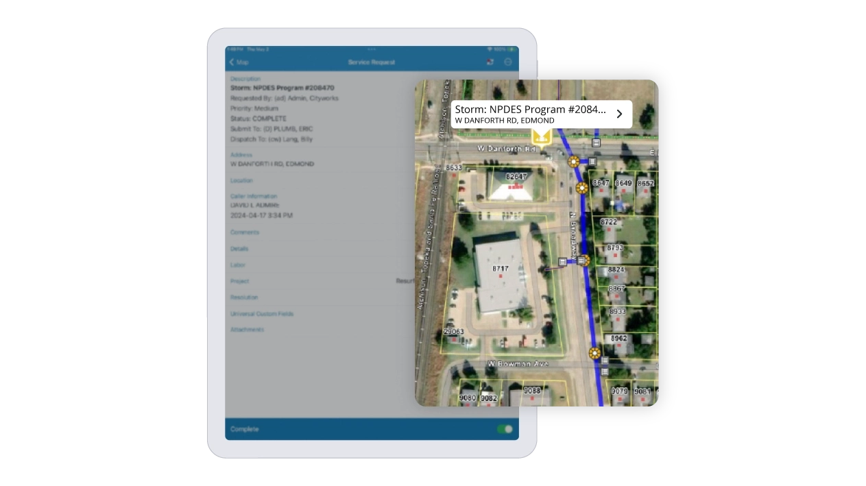 Trimble Unity Maintain screenshot showing map of service request