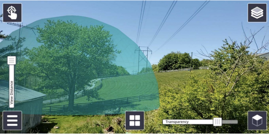 Augmented reality overlay showing a tree and power lines with distance measurement tools.