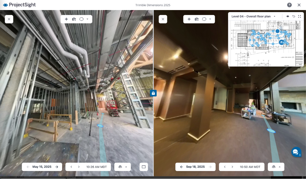 Side by side comparison of site and architectural drawing using the split-screen viewer in Trimble ProjectSight 360 Capture