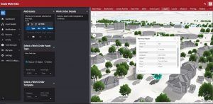 Screenshot of a 3D urban planning software interface showing a work order creation screen with a detailed map view.