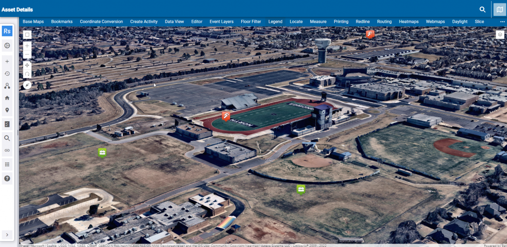 3D aerial view of a school campus with a football stadium and baseball field.