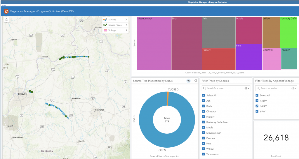A program Optimizer dashboard displaying tree inspection and electric network data.